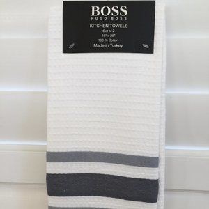 HUGO BOSS Kitchen Towels Turkey 2x set 16"x28" Embossed White Blue 100% Cotton